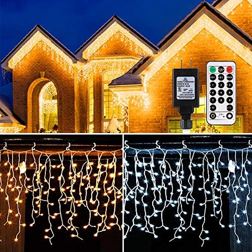 Icicle Lights Outdoor, Bright 440 Led Icicle Christmas Lights Warm White&Cool 11Modes Dimmable
