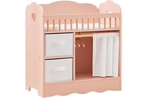 OOOK Baby Doll Crib, Wooden Baby Doll Bed and Changing Table, Dollhouse Furniture with Two Storage Box, Bedding and Coat Hang