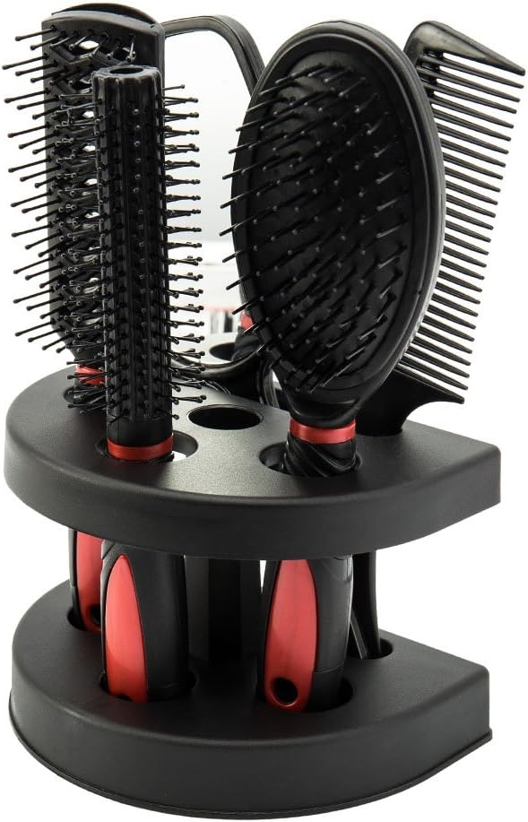 5pcs Hair Care Brush Set Pro Detangle Hair Brush Women Ladies Hair Care Massage Brush with Mirror and Holder Hair Styling Tools Adults & Kids (Red)
