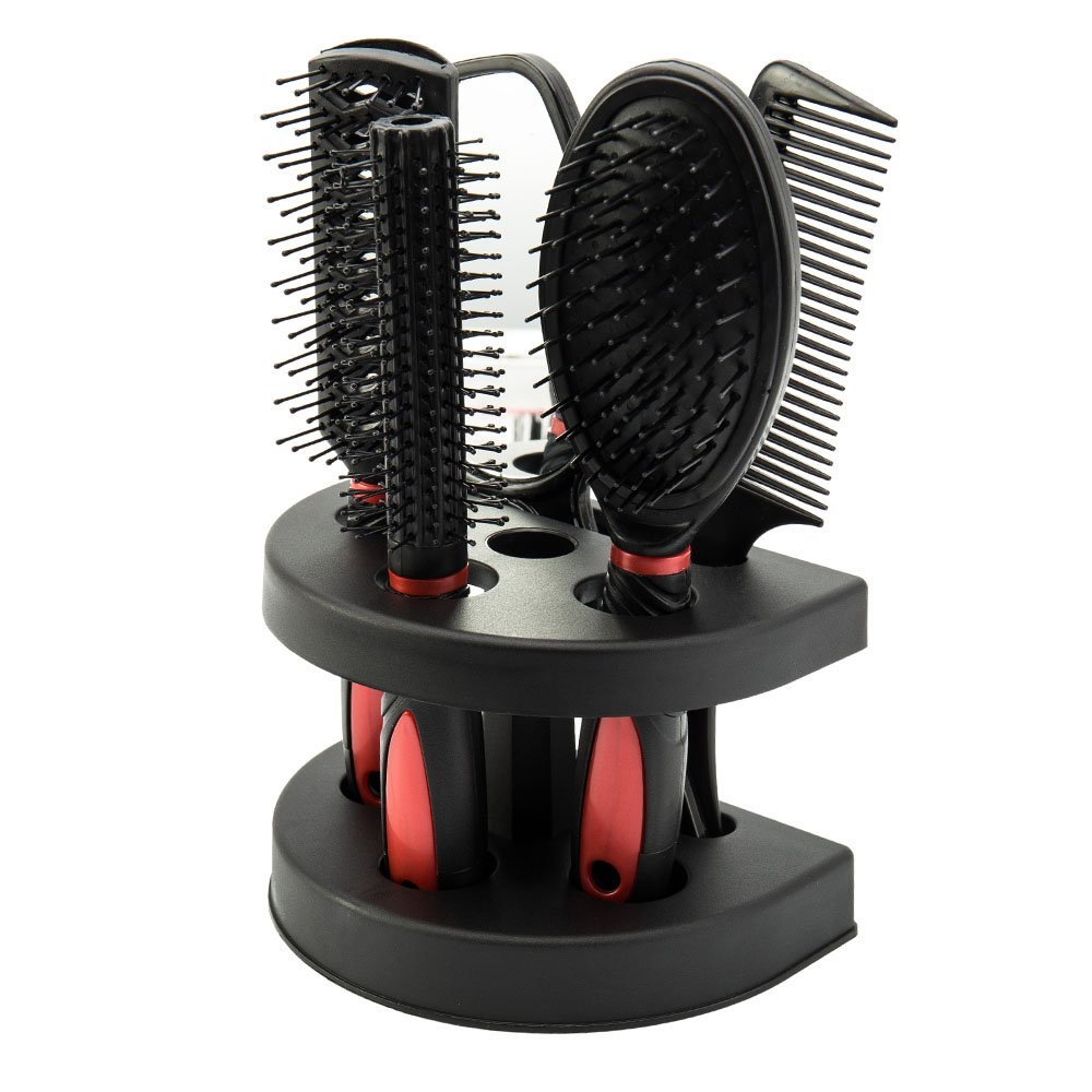 5pcs Hair Care Brush Set Pro Detangle Hair Brush Women Ladies Hair Care Massage Brush with Mirror and Holder Hair Styling Tools Adults & Kids (Red)