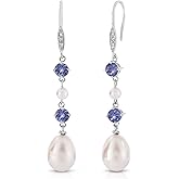 KOKAV Freshwater Pearl with Genuine Tanzanite and Diamond Dangle Earrings in 925 Sterling Silver
