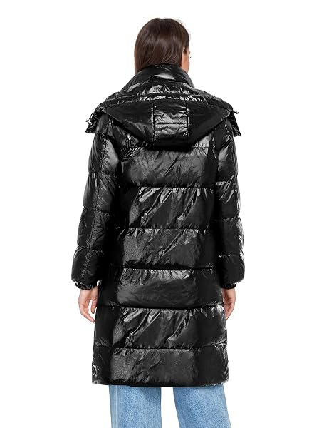UIKUE WOMENS PUFFER COATS – LONG WINTER QUILTED JACKET FULL ZIP WINDPROOF PUFFY COAT THICK WARM OUTERWEAR HOODED PARKA WITH POCKETS(GLOSSY BLACK,S)