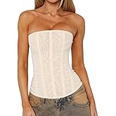Luckinbaby Women Y2k Strapless Bustier Corset Back Zip Mesh Boned Bodyshaper Tube Top Sexy Going Out Bustier Tops