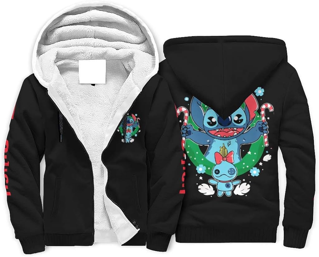 Stitch And Mas Christmas Men's Fleece Hoddie Wool Funny Warm Winter Sweatshirt with Pocket 