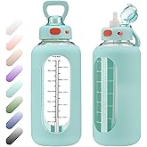 SIEROZUR 64 oz Glass Water Bottle with Straw and Handle Half Gallon Large Water Bottle with Silicone Sleeve and Time Marker Sports Water Jug Wide Mouth for Travel Gym