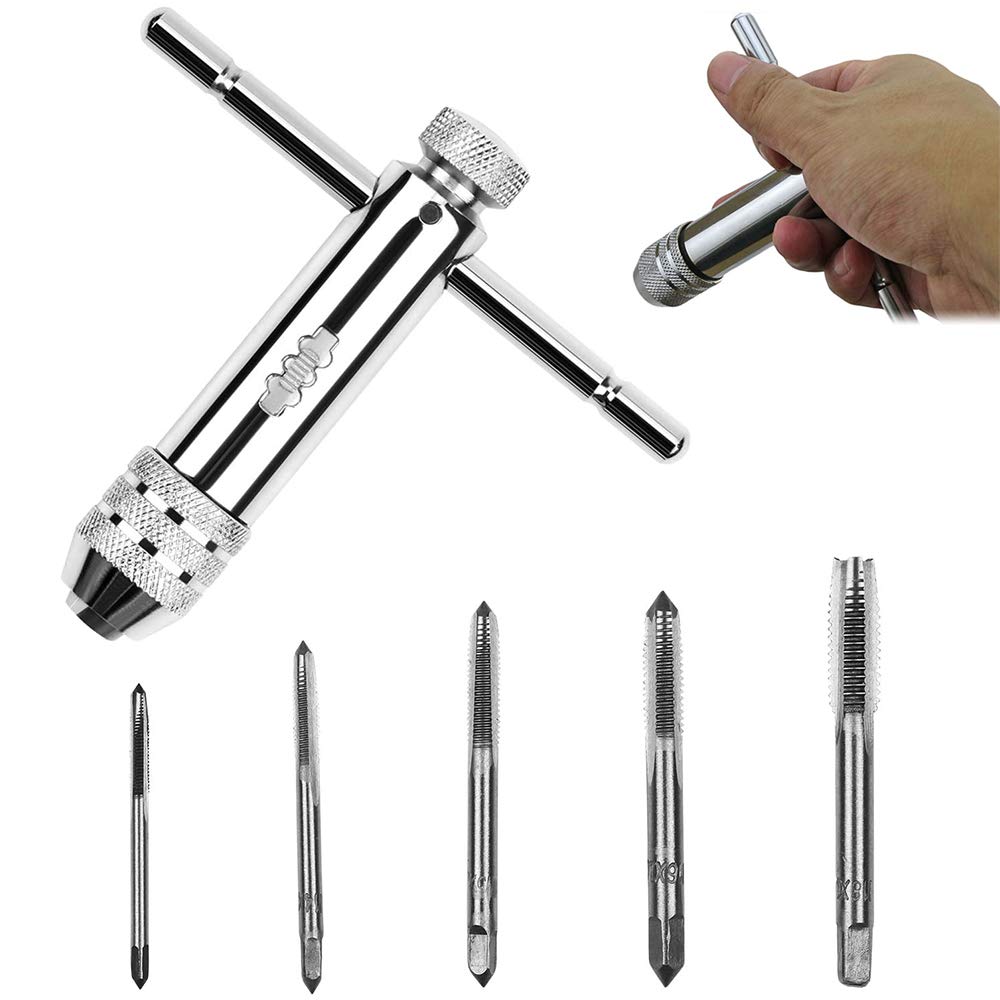 T-Handle Tap Wrench, Ratchet Tap Holder Wrench, Tapping Threading Tool Set, Adjustable T Type Ratchet Tap Chuck Wrench with 5pcs M3 M4 M5 M6 M8 3mm-8mm Machine Screw Thread for Mechanics, Engineers