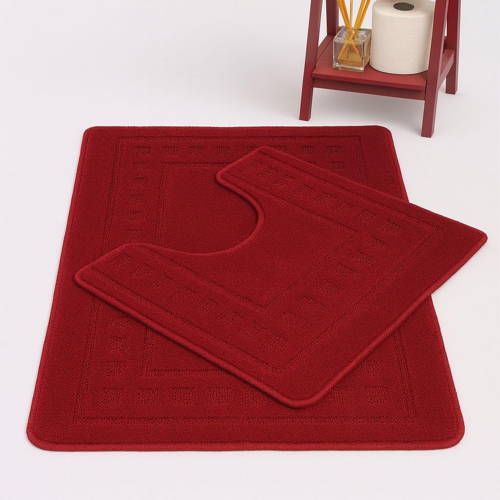 HOMES-LINEN Diem Square 2 Piece Bath Mat & Pedestal Set Non Slip Extra Absorbent Bathroom Toilet Rug Bath Mats Set (Burgundy)