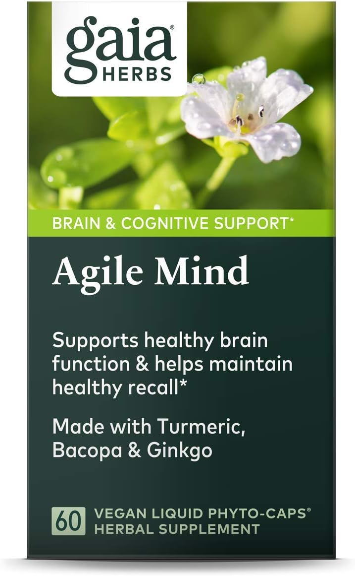 Gaia Herbs, Agile Mind, Brain & Cognitive Support, Turmeric, Bacopa, Ginkgo, Vegan Liquid Capsules, 60Count: Health & Personal Care
