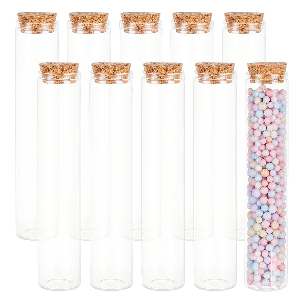 BENECREAT 10PCS 80ml Glass Test Tube with Cork Stopper Clear Flat Mini Glass Bottles Jars for Lab, Party Favors, Candy, Spices, Beads