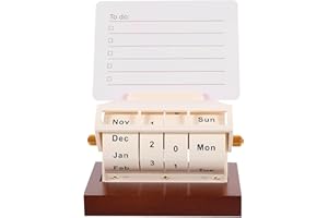 HEMOTON Rotating Wooden Perpetual Calendar Reminder Cards and Erasable Pen, Decorative Desk Accessory for