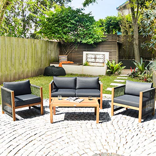 Tangkula Outdoor Wood Furniture Set, Acacia Wood Frame Loveseat Sofa, 2