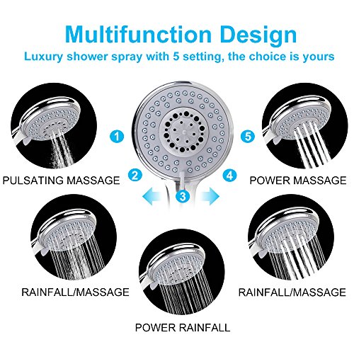 Chrider Handheld Shower Head with Hose, 5 Spray Setting Hand Held Shower Head with Pause Switch, 4.3" High Pressure Showerhead, 60" Extra-long Hose and Adjustable Bracket,Chrome Handle Finish - Thumbnail 2