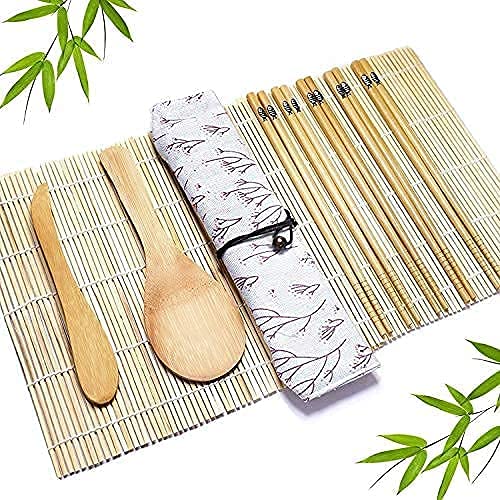 TUT Sushi Kit, 10 Pezzi Kit Sushi Fai Da Te, Sushi Kit Completo con 2 Tappetini, 5 Paia Di Bacchette, 1 Spatola Per Riso, 1 Coltello, 1 Sacco, Kit Sushi Molto Adatto Per I Principianti