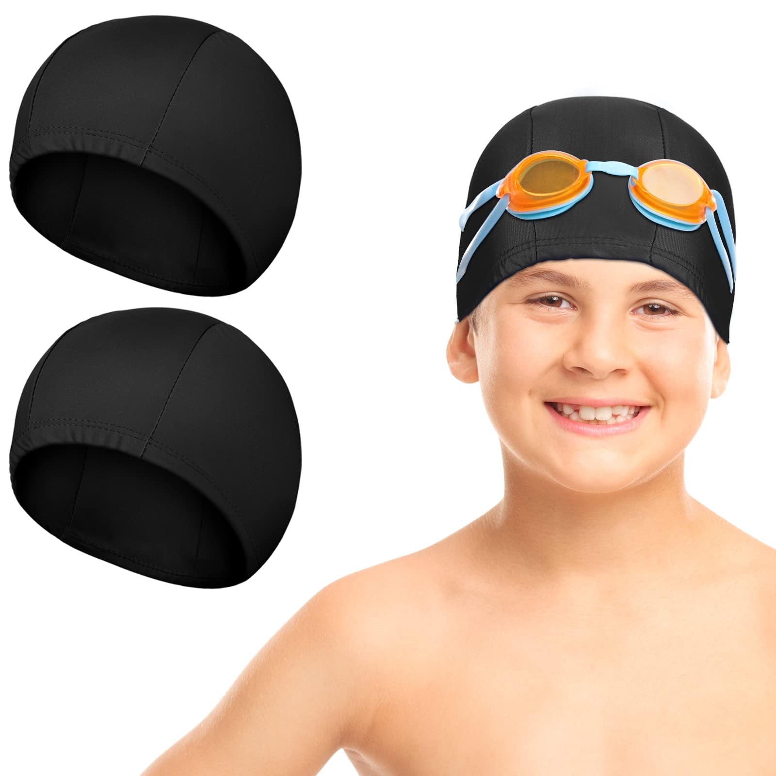 Geyoga 2 Pieces Swim Cap for Kids Waterproof Unisex Swimming Bathing Caps for Long and Short Hair Swimming Hats for Boys and Girls Children(Solid Pattern,Black)