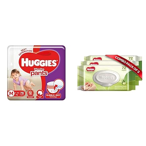 Huggies Wonder Pants Diapers, Medium (Pack of 76) & Huggies Baby Wipes - Cucumber & Aloe, Pack of 3 (216 Wipes)