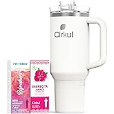 Cirkul Pearl All-Day StrawSip™ Tumbler Starter Kit - 40oz Cream Stainless Steel Tumbler, Flavor Cartridges Included (1 Frosted Refresher Berry Peach Acai, 1 Sabrocita Hibiscus) Zero Calories, No Sugar