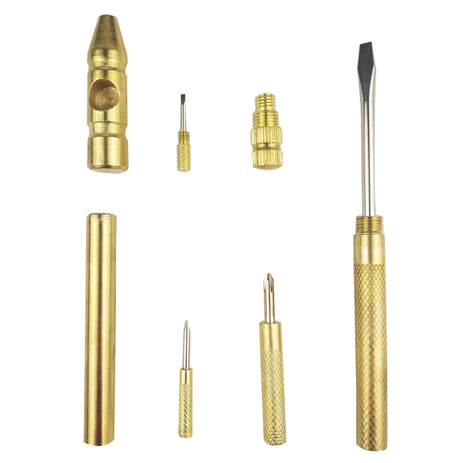6 in 1 Mini Multifunction Anti-Corrosion and Anti-Rust Copper Hammer and Screwdriver Hand Tools,Screwdriver Kit for Watchmaker,Opening Walnuts and Household Repairing Tool (Golden)