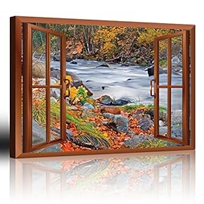 Modern Copper Window Looking Out Into a Rocky River Surrounded by Trees - Canvas Art Home Art - 24x36 inches