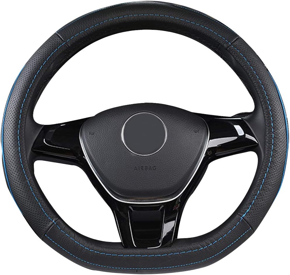 SFONIA Car Steering Wheel Cover D Type Flat Bottom Steering Wheel Protector Genuine Leather for 37-38cm / 15" Anti-slip Breathable Durable (Blue)