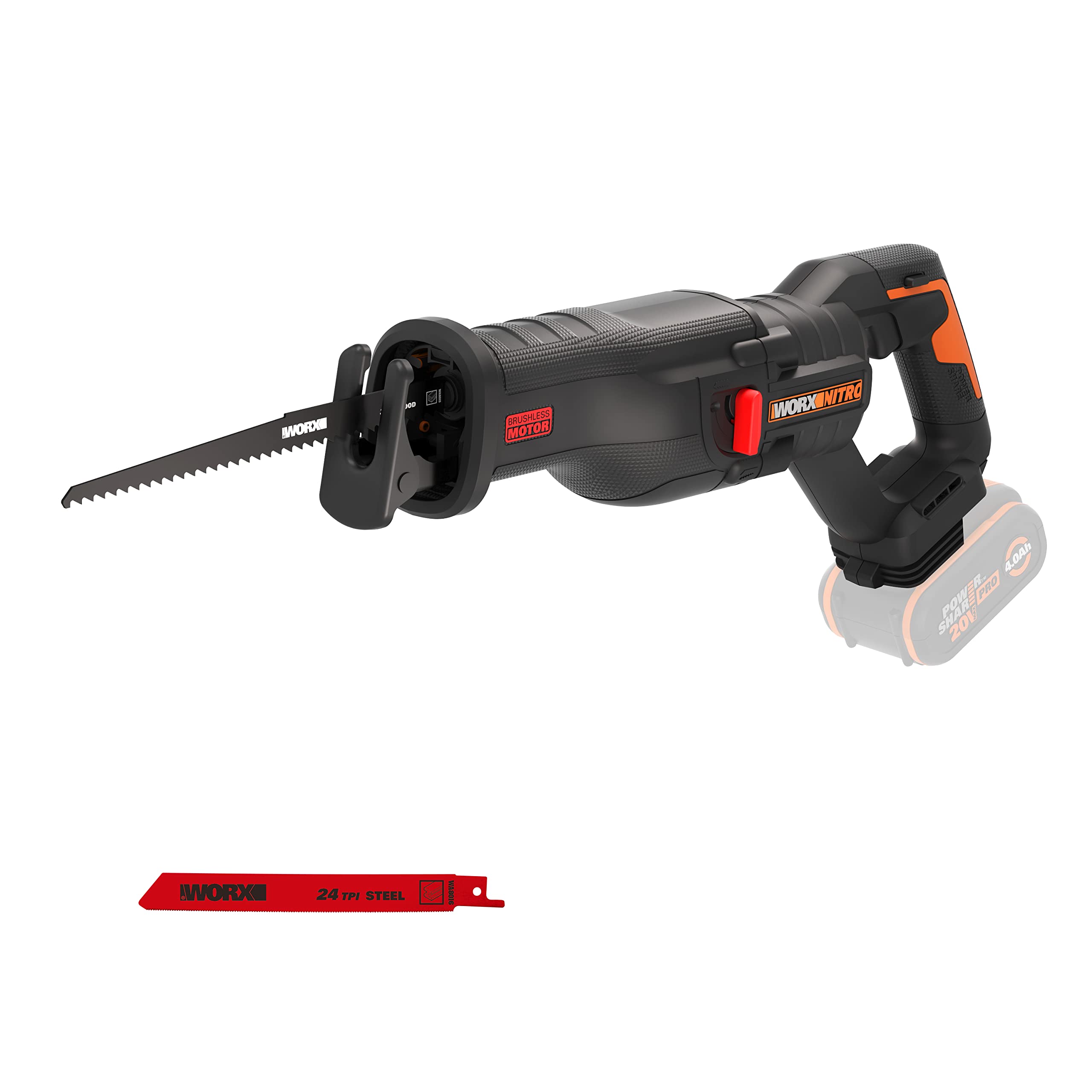 WORX Nitro 18V(20V MAX) Cordless Reciprocating Saw, PowerShare, Brushless, Quick Blade Change, Variable Cutting Speed, 2x Blades (Wood & Metal) Included, WX516.9