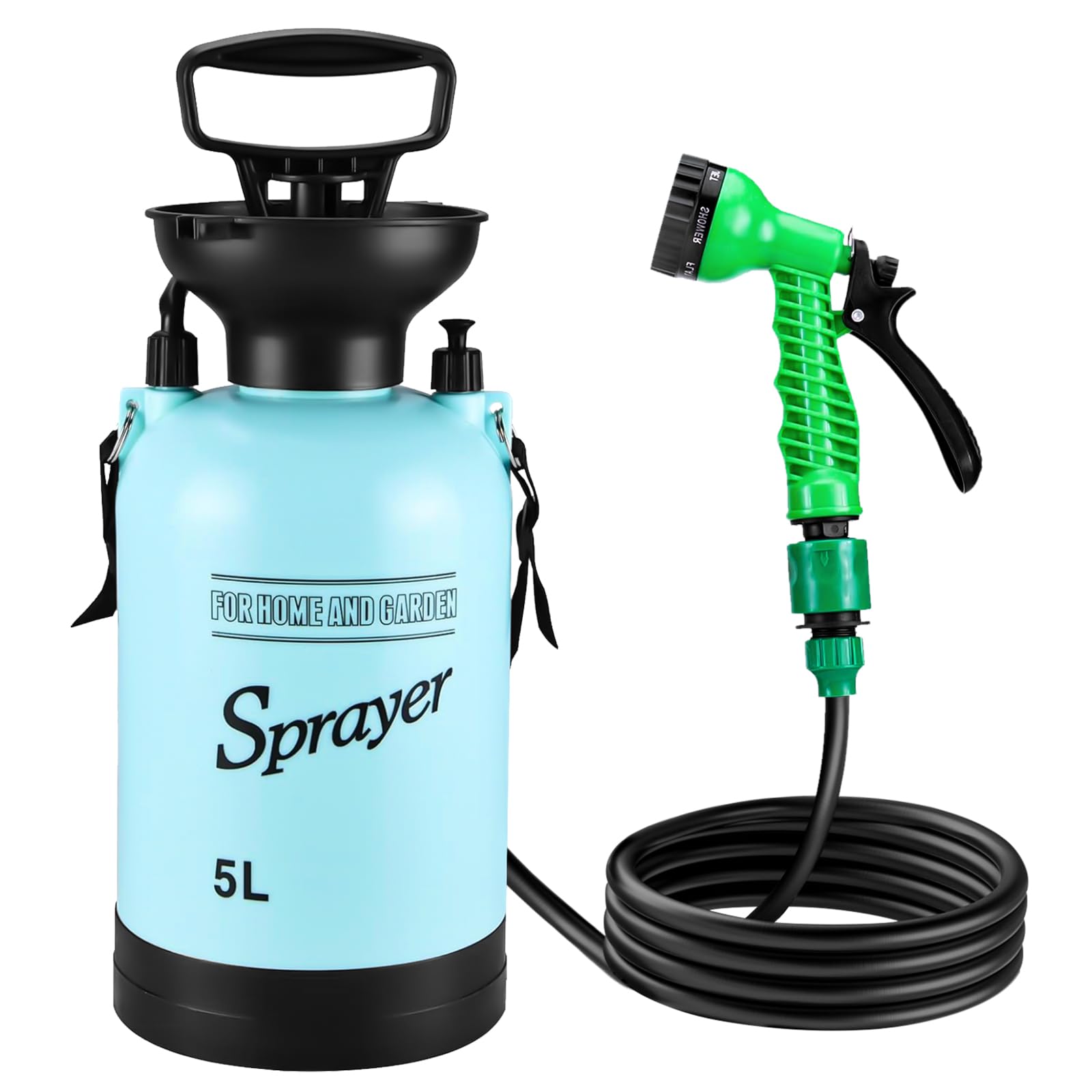Photo 1 of Vevitts Portable Pressure Sprayer Shower 5L for Camping with 7 Spray Modes, Hand Press Camping Shower with Hose and Shower Head, Hiking Traveling Shower Garden Sprayer Pet Shower Blue