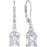 Blaniy Celtic Knot Dangle Drop Earrings 925 Sterling Silver Princess Cut Leverback Earrings Birthstone Earring Trinity Irish Good Luck Jewelry Gifts for Women