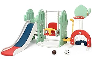 GAOMON 7 in 1 Toddler Slide and Swing Set, Kids Freestanding Slide Climber with Adjustable Swing and Basketball Hoop, Soccer Golf and Ring Toss Game, Indoor Outdoor Playset for Toddlers Age 1-3