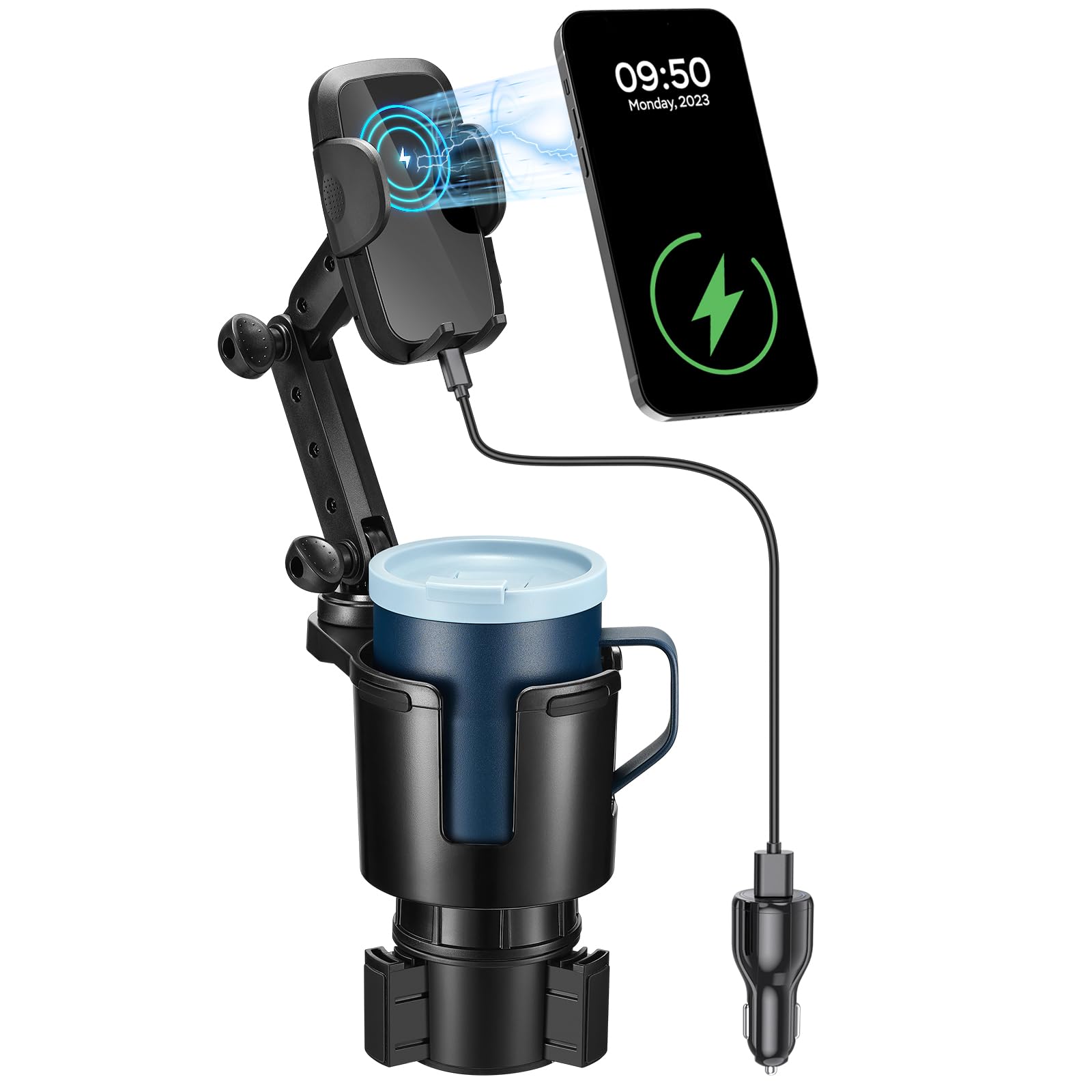 This Hill Cup Holder Phone Charger, 15W Fast Charging Auto Clamping, Phone Holder for Cup Holder Charger with Adjustable Base & 360° Rotation Compatible for All Smartphones(with Car Adapter)