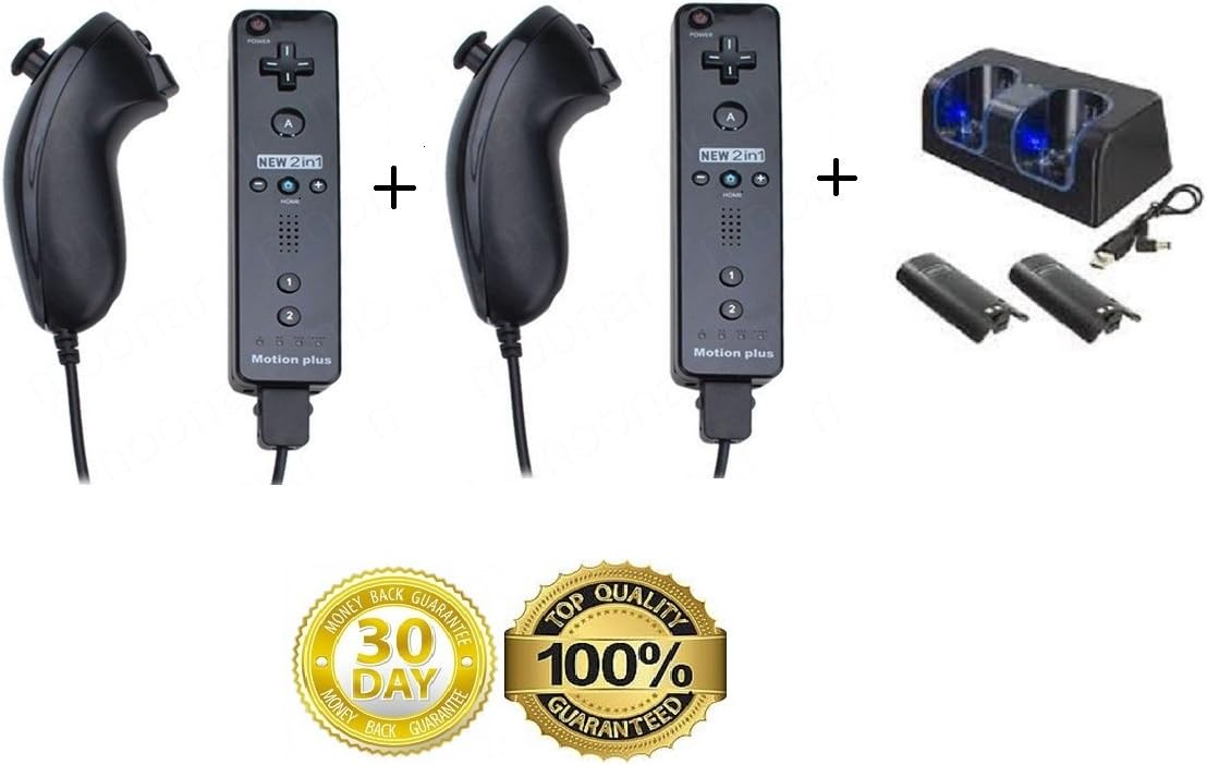 Bundle: 12 items - 2 Sets (Black) Nintendo Wii U Built in Motion Plus Compatible Remote Controller And Nunchuck Plus Silicone Cover, And Wrist Band + Charging Station