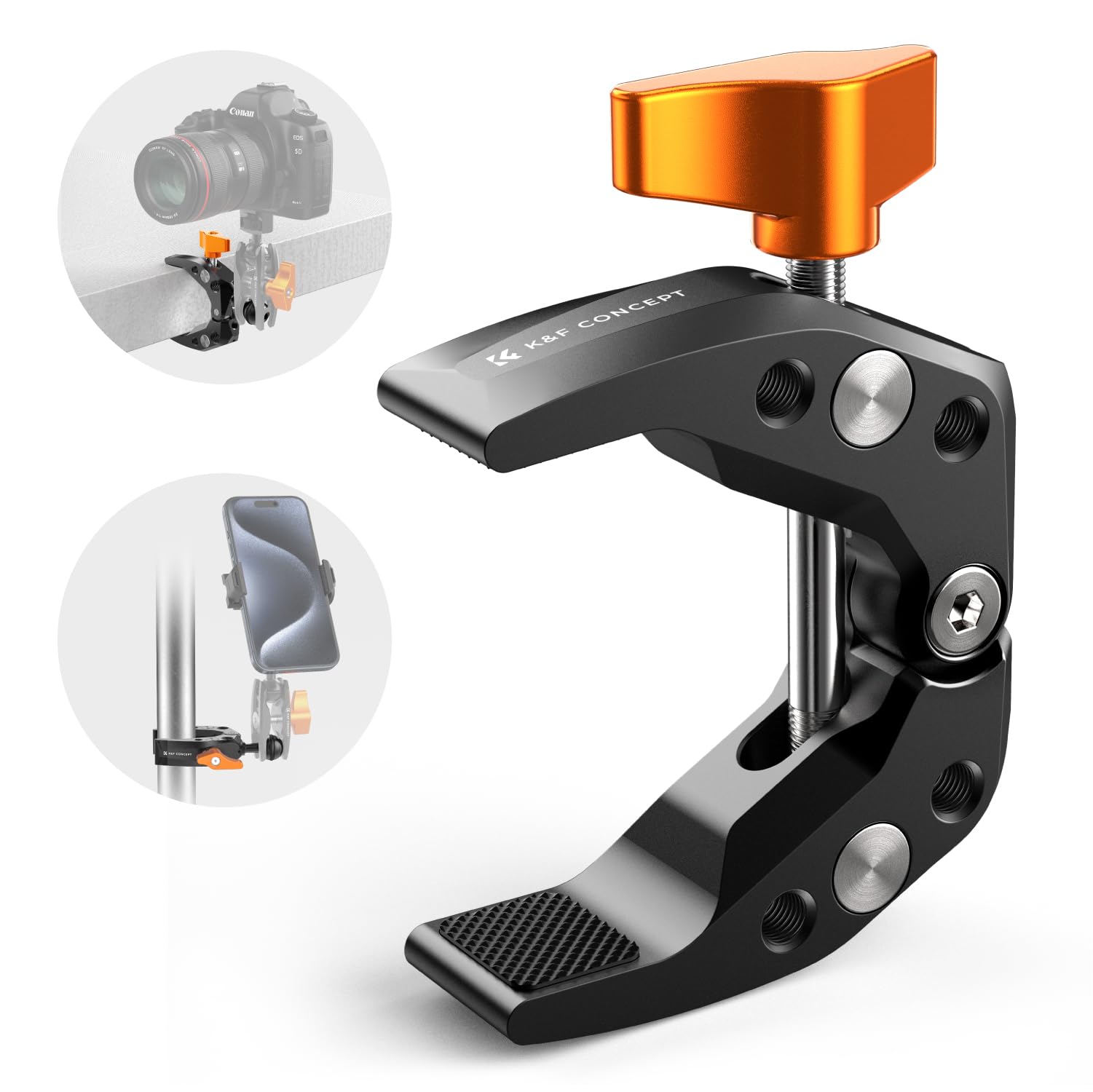 Photo 1 of K&F Concept Camera Mount Clamp, Super Crab Clamp with 1/4" Thread Holes, 60mm Max Opening, Payload 11 Lbs/5kg, for Round Pipe Flat Surface, Monitors, LED Lights, and Other Photographic Accessories