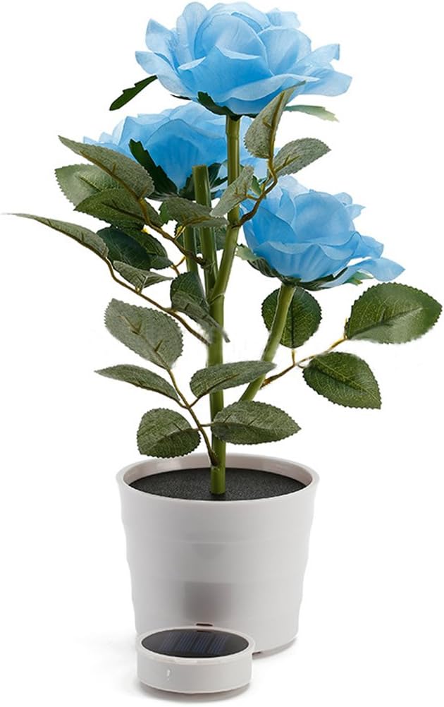 Penfly LED Wireless Solar Power Decorative Artificial Rose Flower Pot Plant Landscape Light Night Lamp Outdoor Garden Yard Pathway Lawn Grassland Blue