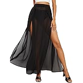 OYOANGLE Women's Sheer Mesh Hight Waist Split Beach Cover Up Long Skirt