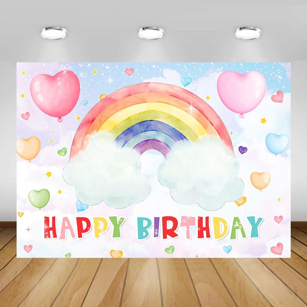 Photo 1 of MEHOFOND Rainbow Birthday Backdrop for Girls Pastel Rainbow Happy Birthday Party Decorations Banner Colorful Sprinkled Dots Girl's Happy Birthday Rainbow Backdrop