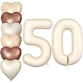 Biapian 40 Inch Cream Number 50 Balloons, 8PCS Large Foil Number 5 & 0 Balloons with 18'' Cream White Heart Balloon for 50th Year Old Birthday Decorations Men Women Wedding Anniversary Party Supplies