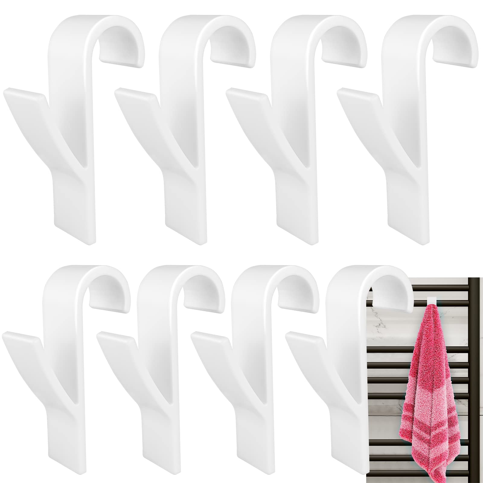 Realure 8 Pcs Towel Radiator Brackets Hooks, Towel Rail Radiator Hooks, Radiator Rail Hanger Hooks for Towels, Round Radiator Hooks, All Standard Radiators, Removable