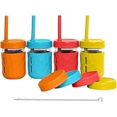 WeeSprout Glass Cups With Lids & Straws, Spill-Resistant Smoothie Jars for Toddlers & Kids, Baby Food Storage & Snack Containers, XL Silicone Straw, Easy-grip Sleeves, Set of Four, Dishwasher Safe