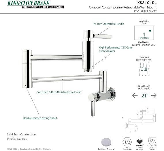 13 Length Polished Chrome Kingston Brass Ks8101dl Concord Pot Filler Pot Filler Faucets