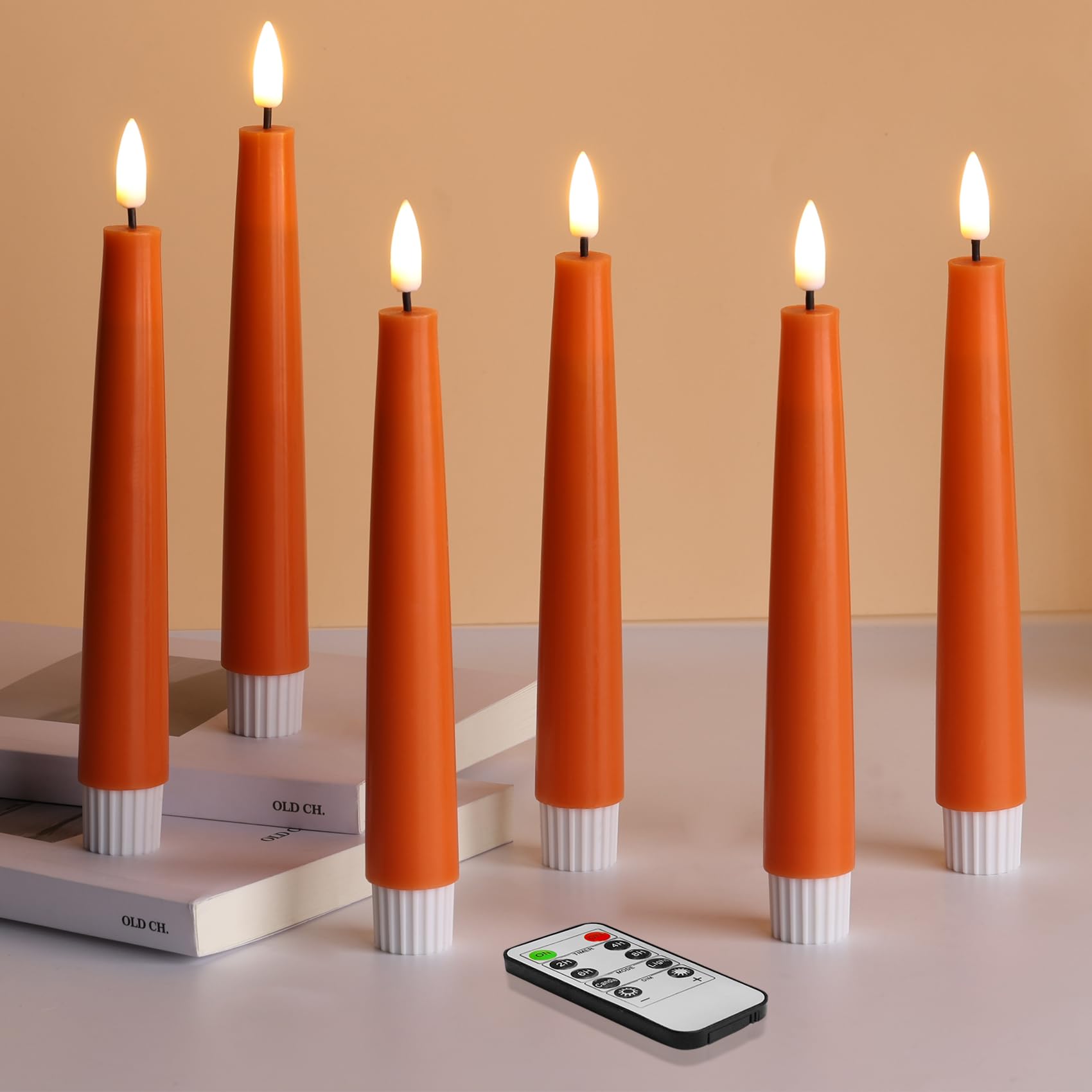 Photo 1 of Eywamage Orange Flameless Taper Candles with Remote, Flickering Halloween Fall LED Wax Candlesticks Set of 6