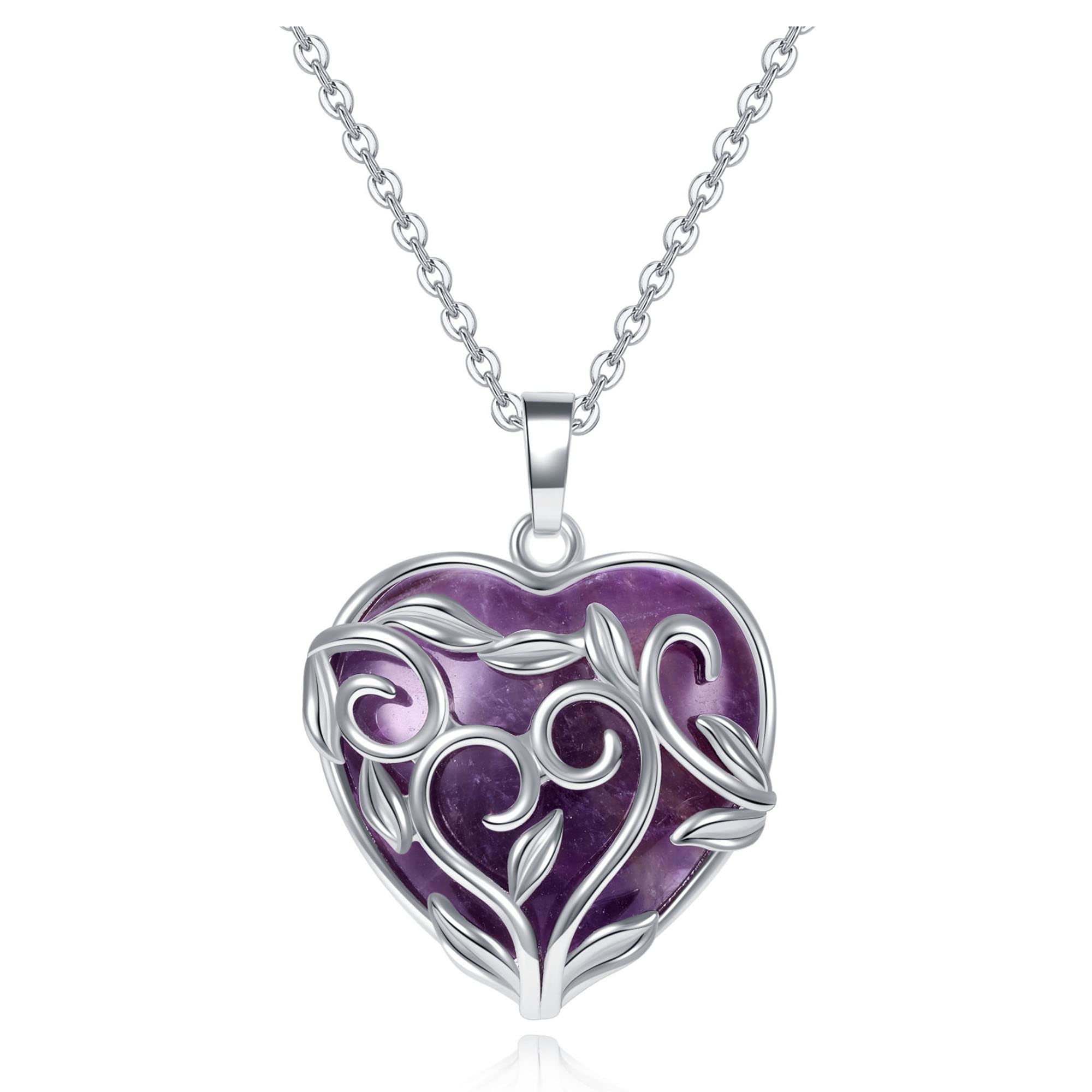 JSDDE Amethyst Crystal Necklace Silver Wrapped Heart Crystals Gemstone Pendant Necklaces Healing Stones Necklace for Women