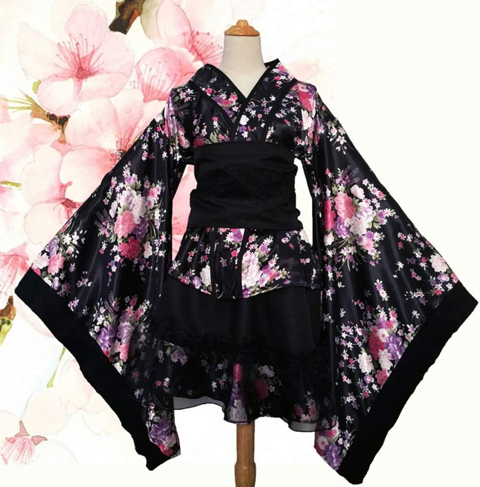 Lolita Kimono Cosplay Costume with Frilled Skirt,Flower Sakura Printing Kimono Robe Yukata Japanese Dress,Women's Cosplay Lolita Fancy Dress Japanese Kimono Anime Costumes L
