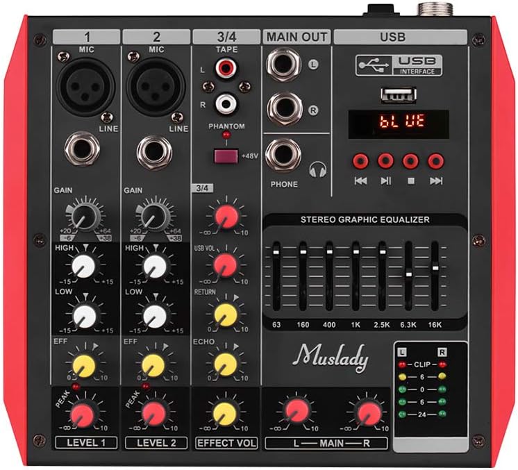 Muslady Mixing Console D4 Portable 4-Channel Mixer 7-band EQ Built-in 48V Phantom Power Supports BT Connection USB MP3 Player for Music Recording DJ Network Live Broadcast Karaoke