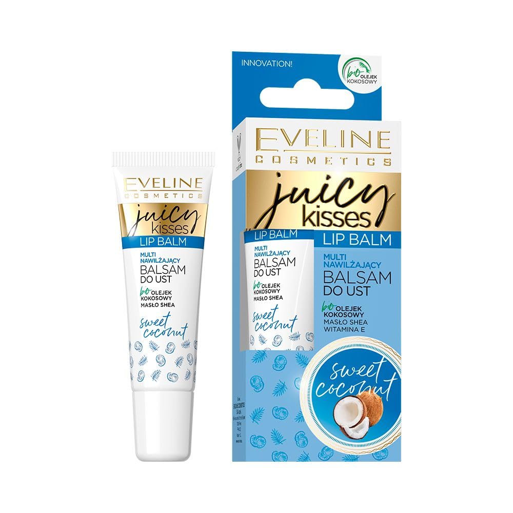 Eveline Cosmetics Juicy Kisses Sweet Coconut Multi-Moisturizing Lip Balm - Hydrating & Nourishing Vegan Formula with Aloe, Shea Butter, Coconut Oil & Vitamin E - 12ml