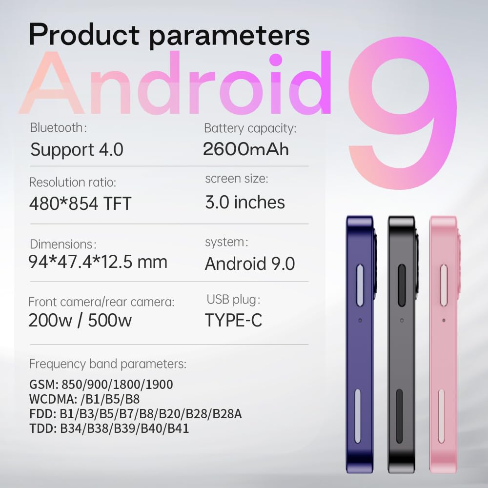 ZOKOE Mini Handy Smartphone für Kinder 3-Zoll-Bildschirm 2000 mAh 3GB RAM 64GB ROM 2.0+5.0MP Gesicht entsperren 4G kein Vertrag Telefon (lila,3GB+64GB)