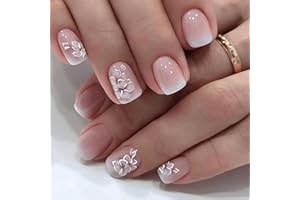 OCOUYVD Short Press on Nails Square Fake Nails with Flower Designs French Gradient False Nails Cute Short Acrylic Press on Nails Glossy Nude Pink Stick on Nails Reusable Artificial Nails for Women Girls