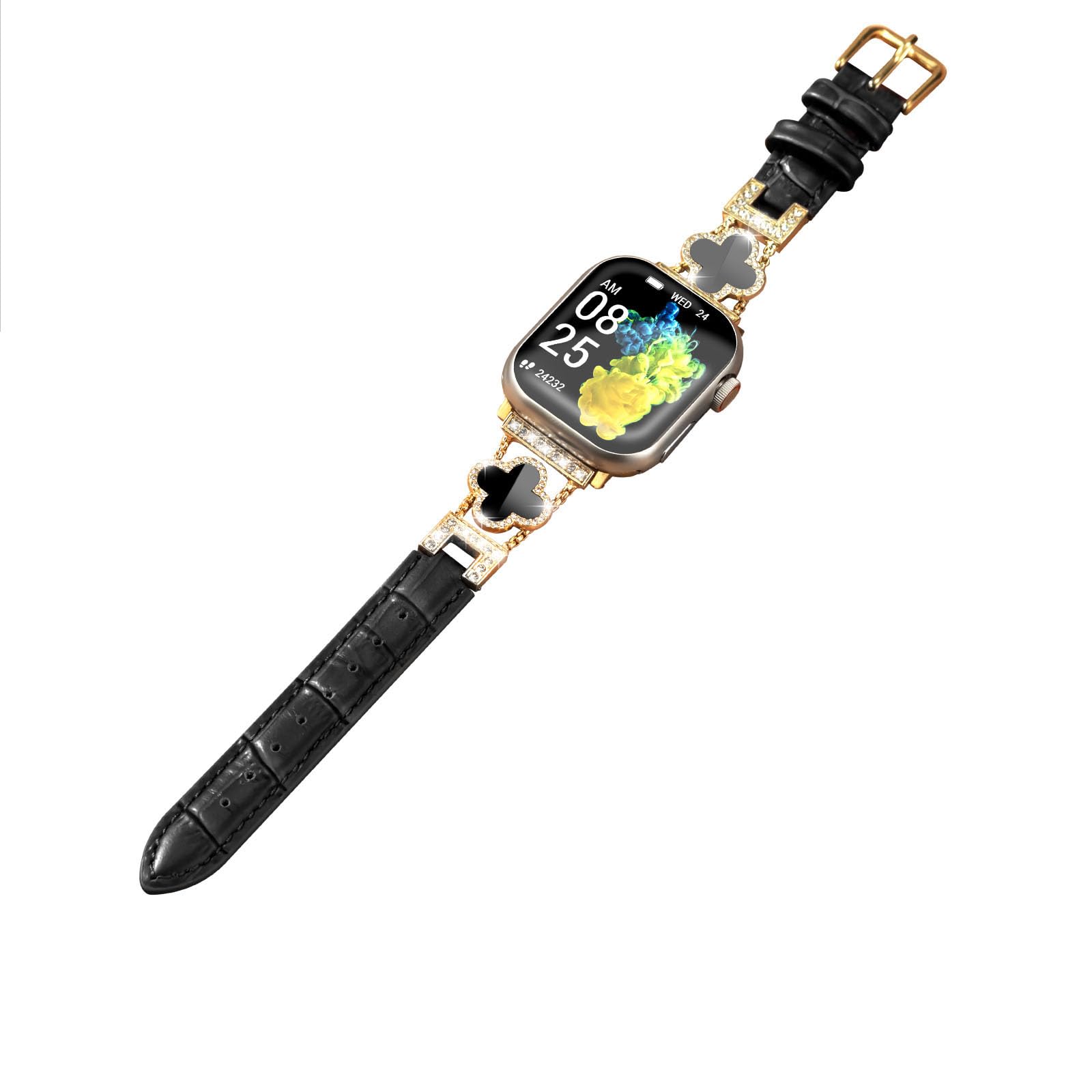 Fidzvsts Leather Straps Compatible with Apple Watch Women, Slim Replacement Band with four-leaf Clover Bling Diamond Metal Buckle for iWatch Series SE 8 7 6 5 4 3 2 1 Ultra 38mm 40mm 41mm Black