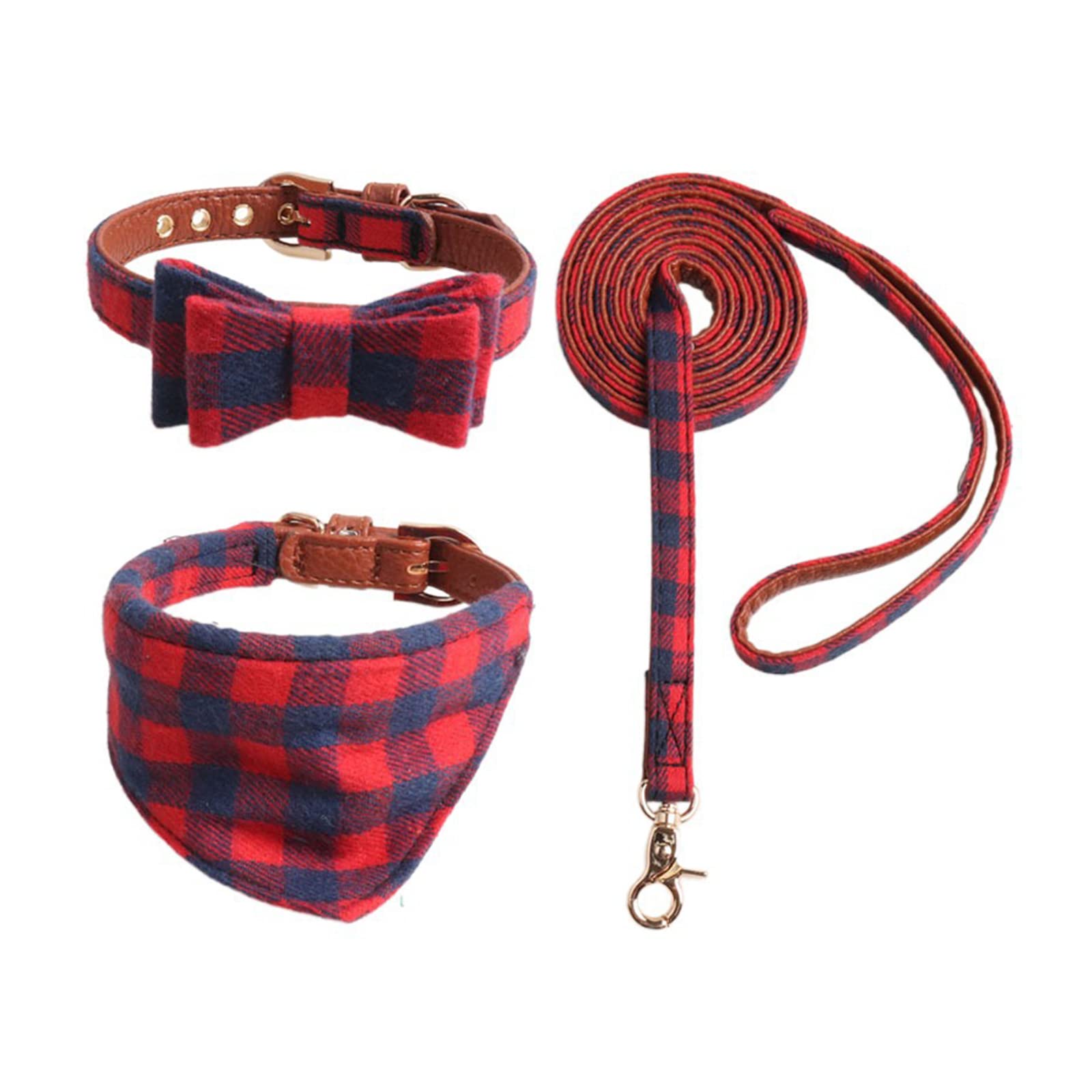 HACRAHO Bow Tie Dog Collar and Leash Set, 3 PCS Classic Plaid Dog Bow Tie and Dog Bandana Collar Adjustable Collars for Small MediumDogs Cats, M