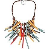 Florate Vintage Ethnic Wood Bead Necklace Earrings Set for Women Handmade Long Bohemian Big Colorful Spike Pendant Chunky Statement African Jewelry Set