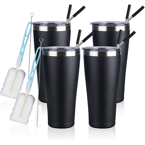 JIESSIWILL 32 oz Stainless Steel Tumbler Double Wall Vacuum Insulated Travel Mug, Durable Insulated Coffee Cup with Lid, Metal Straw and Brush (Black,4 Pack)