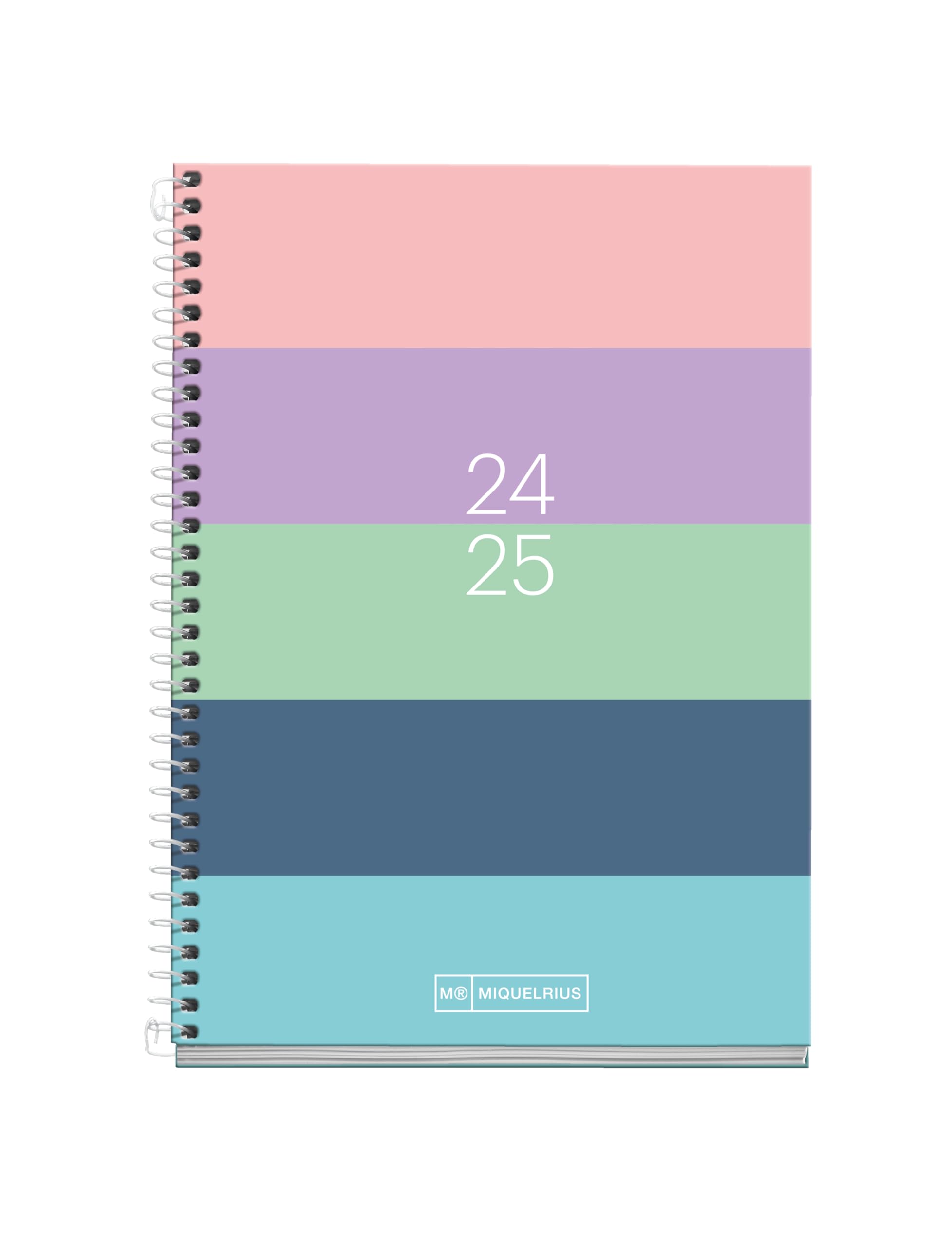 Miquelrius - School Diary 2024-2025, September 24 to June 25, 117 x 174 mm, Day Page Agenda, Lined Cardboard Cover, 2024 2025, White Metallic Spiral, Catalan and English, Write Stripes