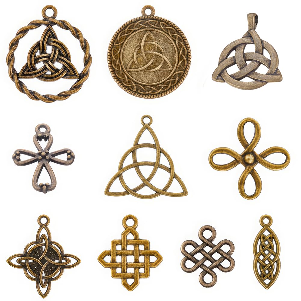 SUNNYCLUE 1 Box 20Pcs 10 Styles Celtic Knot Charm Antique Bronze Alloy Trinity Knot Charm for Jewelry Making DIY Necklace Bracelet Earring